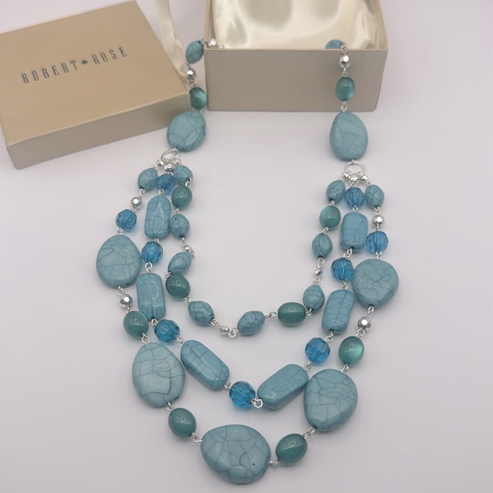 Robert Rose Necklace NWT Silver Blue Iridescent Turquoise SWEATER WEATHER WINTER